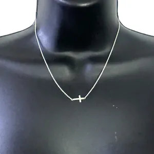 Vintage dainty sterling silver sideways cross necklace thumbnail 1