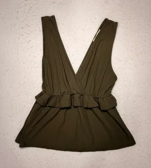 Womens Olive Green Ribbed V-Neck Peplum Wrap Top Sleeveless Ruffle Waist Blouse thumbnail 1