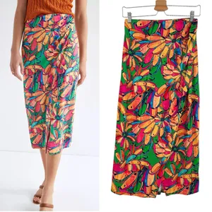 Anthropologie Farm Rio Getaway Midi Skirt Tropical Print Green Pink Size‎ Small thumbnail 2