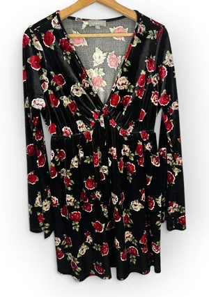 Lovesick Women L 0 Black Velvet Floral Plunge Dress Bell Sleeve Gothic Festival thumbnail 1