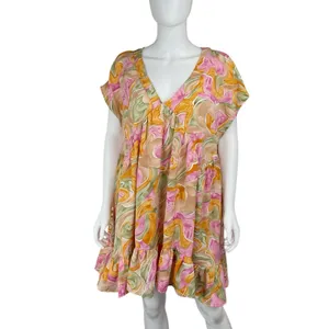 Entro‎ Floral V-Neck Short Sleeve Babydoll Mini High Low Dress Size Large thumbnail 3