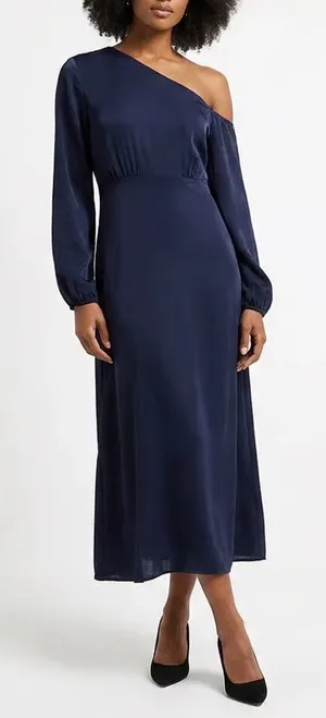 Navy Blue One Shoulder Long Sleeve Tie Back Midi Dress Large thumbnail 1