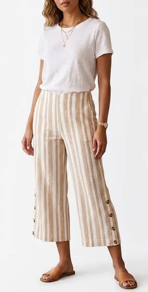 High-Rise Striped Cropped Wide-Leg Pants in Beige capris thumbnail 1