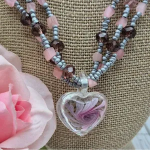 Artisan Silver & Pink Beaded Necklace With Glass Floral Heart Pendant 21" Fairy thumbnail 1