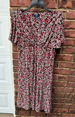 Chaps Black Dress with Pink and Cream Dot Print, V-Neck Midi thumbnail 1
