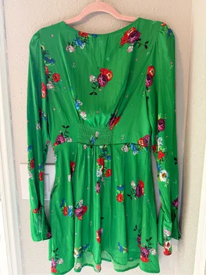 Free People Bright Green Floral Tie-Front Mini Dress V-Neck thumbnail 4