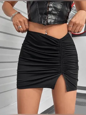 SHEIN Ruched Split Hem Bodycon Mini Skirt, Black, Size XS, NWT thumbnail 1