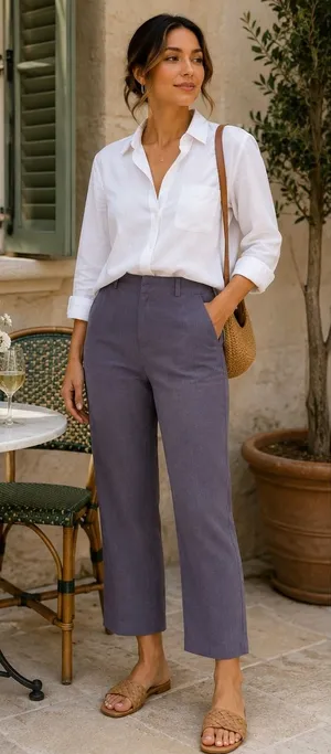 Elevenses Anthropologie Linen Tencel Straight Leg Pants Gray Purple Size 2 thumbnail 1