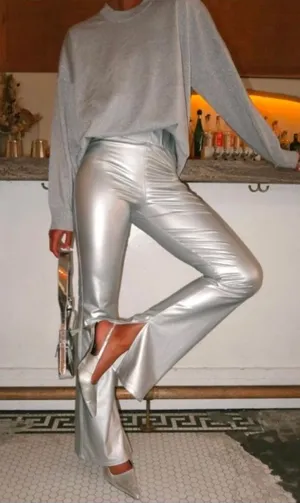Show Me Your Mumu Silver Nashville Pull On Flares Faux Leather Size Medium thumbnail 1