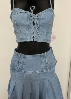 Light Blue Denim Lace-Up Crop Top & Skirt Set NWT Small thumbnail 1