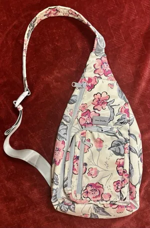 Vera Bradley Sling Backpack Floral Pink Gray Travel Adjustable Lots Pockets EUC thumbnail 1