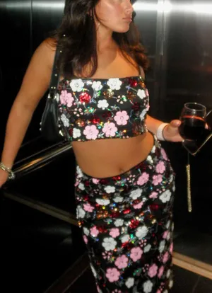 Dillard's Floral Sequin Set Hearts Crop Black Top Skirt thumbnail 1