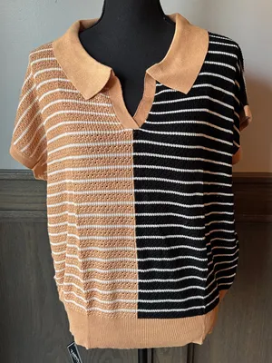 Zaful Split-Panel Polo Knit Top in Tan and Black NWT XL thumbnail 1