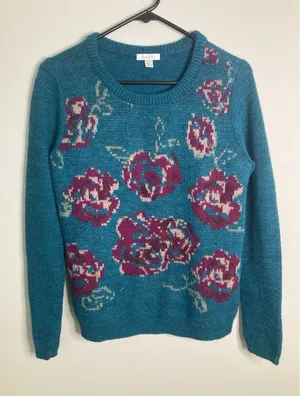 Garnet Hill Intarsia Sweater Teal Magenta Roses Wool Blend Small thumbnail 1