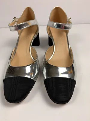 J.Crew Maisie Womens 9.5 Silver Leather Mary Jane Block Heel Black Cap Toe Shoes thumbnail 4