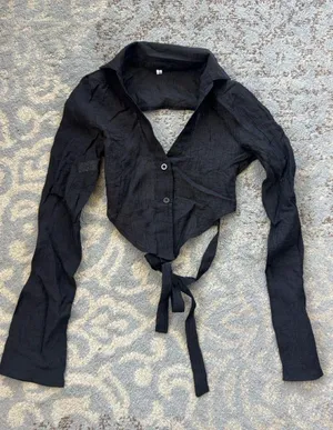 Commense Cropped Long Sleeve Open Back Tie Top Black Small thumbnail 1