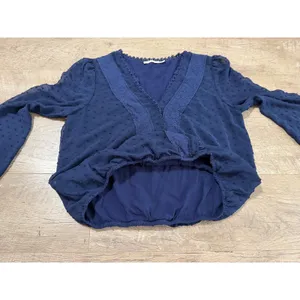 Mi Ami Navy Blue Swiss‎ Dot Lace Trim Faux Wrap Long Sleeve Blouse Medium thumbnail 11
