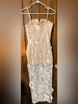 Sheer Lace Overlay Nude & White Spaghetti-Strap Dress thumbnail 3