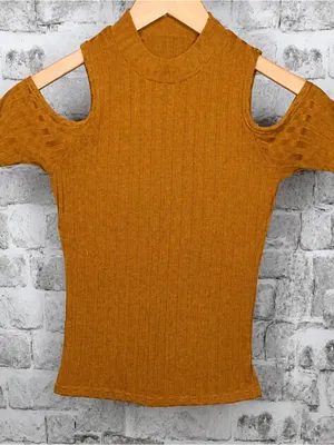 Kendall & Kylie (XS) Sweater Cold Shoulder Short Sleeve Top- Mustard Yellow thumbnail 1