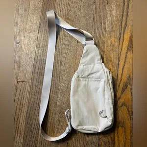 Beige Nylon Sling Crossbody Belt Bag Fanny Pack Multi Pocket thumbnail 4