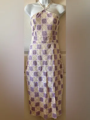 Anthropologie FORE‎ COLLECTION Lilac/Cream Checkered Crochet Halter Dress Autumn Wedding Guest thumbnail 13