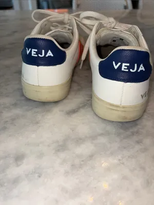 Veja White Leather Sneakers with Red V and Navy Heel thumbnail 3