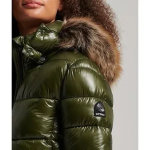 Superdry Code Sportswear High Shine Puffer Jacket Faux Fur Hood Olive Green S/10 thumbnail 3
