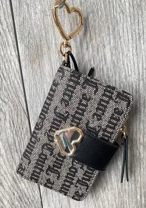 Juicy Couture Black Beige Monogram Tab Card Wallet with Heart Keychain Charm thumbnail 1