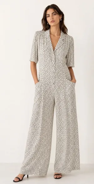 MNG Mango Jumpsuit Women Medium Cream Black Dot NWOT Wide Leg Pocket Preppy thumbnail 1