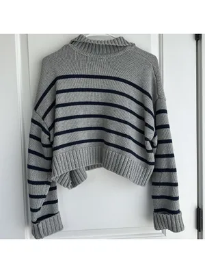 PacSun Callie Cotton Stripe Crop Polo Sweater Heather Gray XL thumbnail 5