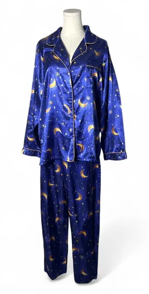90s Vintage Celestial Sun & Moon Satin Long Sleeve Pant Pajama Set Whimsigoth thumbnail 1