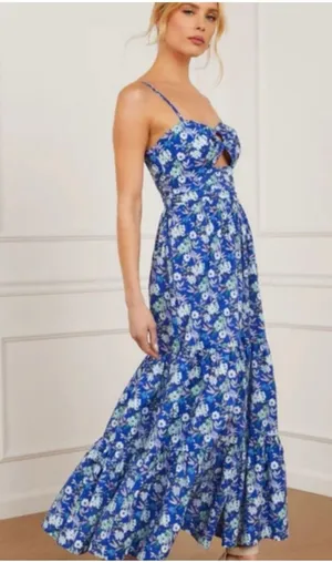 FORE Blue Floral‎ Cotton Tiered Midi Dress Cutout Ring Detail DI8291FO Womens S thumbnail 1