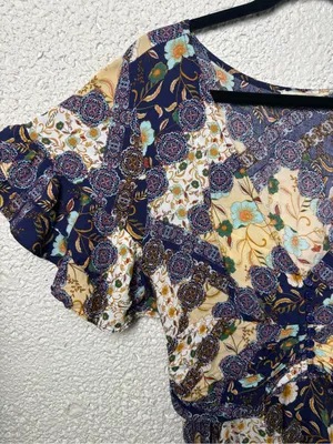 Abel the label V-Neck Floral Patchwork Maxi Dress in Navy and Cream thumbnail 3