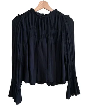 Free People Smocked Bell Sleeve Blouse Small Black Womens Viscose Boho Top thumbnail 1