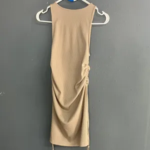 ZARA Tan High Neck Sleeveless Gathered Mini Bodycon Vacation Beach Dress Small # thumbnail 5