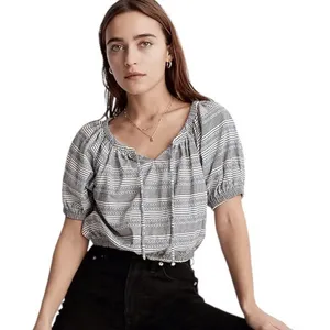 Madewell Jacquard Keyhole Short Sleeve Crop Top Black‎ Striped Size XS thumbnail 1