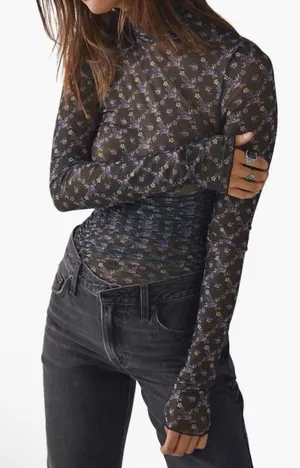 Free People NWOT Under It All Ruched Mesh Turtleneck floral Bodysuit Med Boho thumbnail 1