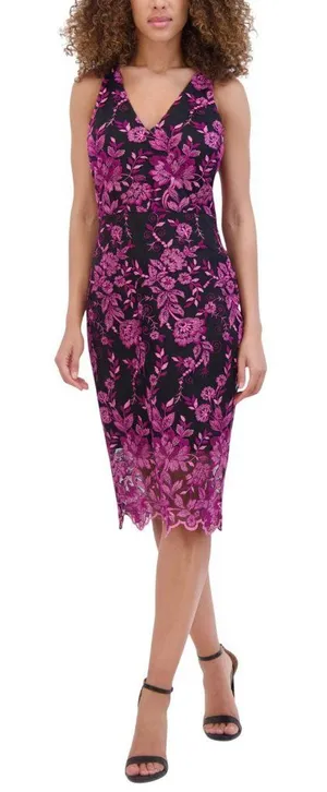 NWT Siena Womens Embroidered Mesh Sleeve Dress SATP1126 Fuchsia Pink / Black 12 thumbnail 1