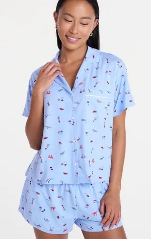 Light Blue American Printed Short-Sleeve Pajama Top and Shorts Set thumbnail 1