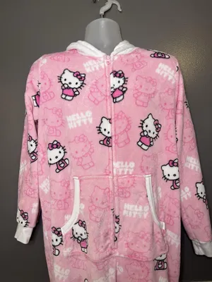Hello Kitty One Piece Pajamas Womens XL Pink Hooded Fleece One-piece Sleepwear thumbnail 2