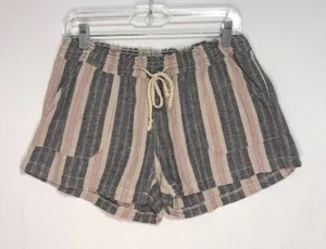 Striped Linen Blend‎ Shorts Juniors XL Grey Cream Red Coastal Beach Boho Casual thumbnail 1