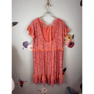 Anthropologie Coral Pink Ruffle Knit Mini Short Sleeve Dress - Size - Small thumbnail 4