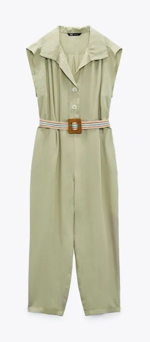 ZARA Jumpsuit Size S Khaki Cap Sleeve Crop Leg With Belt‎ loops Button Up thumbnail 1