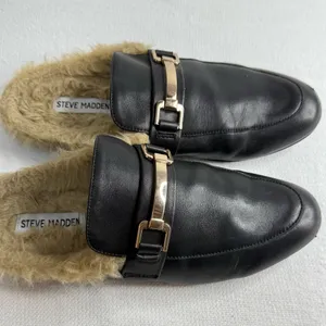 Steve Madden Black Leather Mules with Tan Fur Lining thumbnail 7