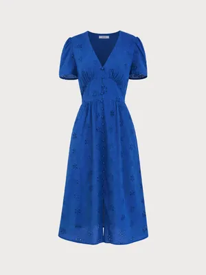 Rihoas Blue V Neck Puffed Sleeve Slit Midi Dress thumbnail 7