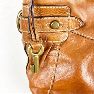 FOSSIL Brown Leather Stitched Adjustable Strap  Paisley Lined Shoulder Bag Boho thumbnail 6