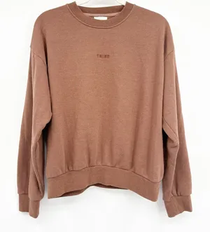 Tribe‎ Kelley Womens Butter Crew Cocoa Brown Relaxed Boho Fleece Sweatshirt M thumbnail 1