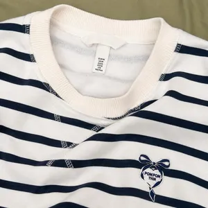 H&M Navy & White Striped Oversized Sweatshirt Bow Heart Graphic M thumbnail 5