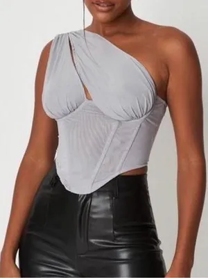 Missguided One-Shoulder Light Gray mesh Corset zip up Top size 6 thumbnail 1