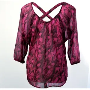 Express feather Blouse top MEDIUM magenta pink 3/4 Sleeve Criss Cross back thumbnail 3